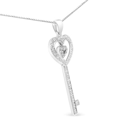 Style Loft Collection Double Heart & Key .925 Sterling Silver 1/5 Ctw Round-Cut Diamond 18" Pendant Necklace (I-J Color, I3 Clarity)