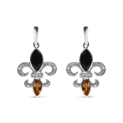 Style Loft Collection Fleur De Lis .925 Sterling Silver Marquise Cut Onyx and Citrine with Diamond Accent Drop Stud Earrings (H-I Color, SI1-SI2 Clarity)