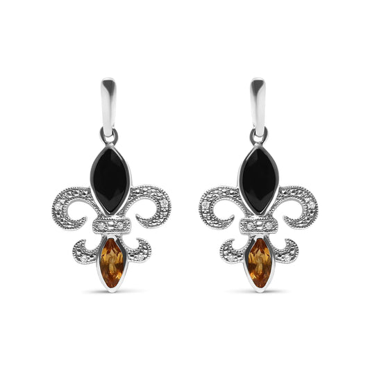 Style Loft Collection Fleur De Lis .925 Sterling Silver Marquise Cut Onyx and Citrine with Diamond Accent Drop Stud Earrings (H-I Color, SI1-SI2 Clarity)