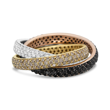 Style Loft Collection Interlocking Stackable 18K Tri-Color Gold 3 5/8 Ctw Diamond Band Ring Set (Champagne, Black, and F-G Color, VS1-VS2 Clarity)