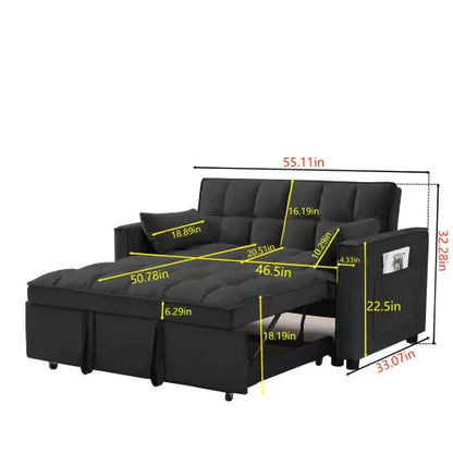 Style Loft Collection Velvet 3-in-1 Sleeper Loveseat Sofa with Pullout Bed - Black