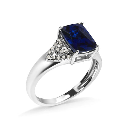 Style Loft Collection Blue Sapphire and White Diamond .925 Sterling Silver 9X7 mm Cushion Cut Step up Engagement Ring (I-J Color, I3 Clarity)