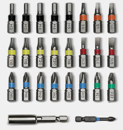 Set of various screwdriver bits arranged in a grid on a white background