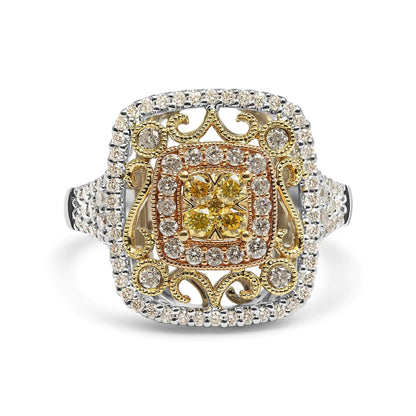 Style Loft Collection Halo and Milgrain Cocktail Cluster 14K Tri-Toned Gold 1.00 Cttw Yellow Diamond Ring (Yellow/G-H Color, SI1-SI2 Clarity) - Ring Size 7