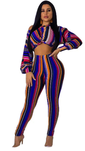Style Loft Collection Bahama Bombshell Striped Long Crop Top and Leggings Two-Piece Set
