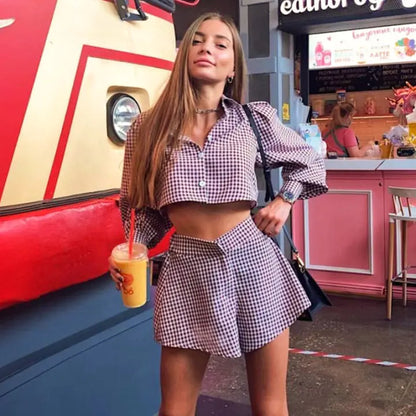 Style Loft Collection Autumn Hayride Checkered Crop Top Short Set