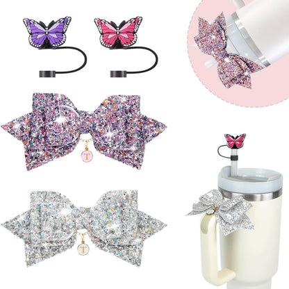 Style Loft Collection Stanley Charms Accessories Christmas Gifts 2 Set Straw Cover Letter Charms and Handle Bow for Stanley Tumbler Cup Decorations with Initial Name ID for Stanley Simple Modern (T)