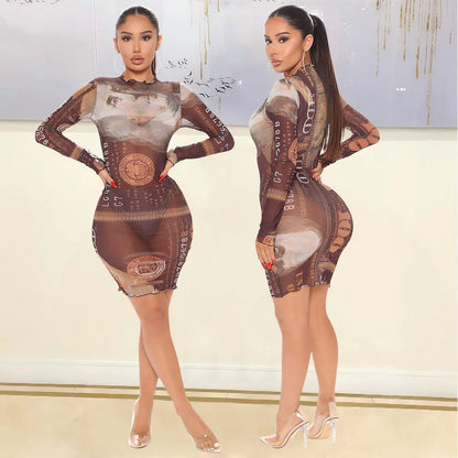 Style Loft Collection Money, Power, Respect Long-sleeved See Through Mesh Dress