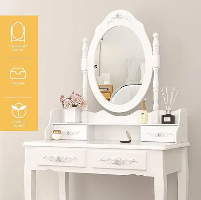 Style Loft Collection Elegant Vanity Table Set with Oval Mirror and Stool