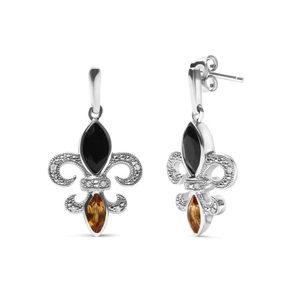 Style Loft Collection Fleur De Lis .925 Sterling Silver Marquise Cut Onyx and Citrine with Diamond Accent Drop Stud Earrings (H-I Color, SI1-SI2 Clarity)