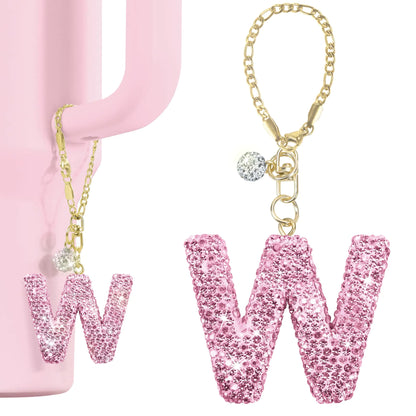 Style Loft Collection Glitter Letter Charms Accessories for Stanley Cup Water Bottle Charms for HydroJug Traveler & Stanley Tumbler with Handle Cute Initial Name with Pink Letter for Stanley Cup Accessories (W)