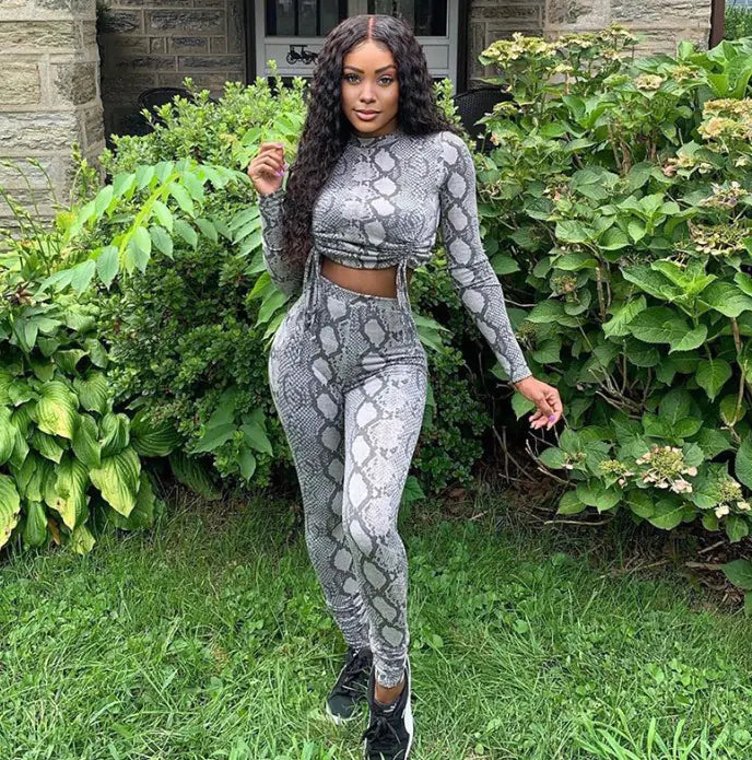Style Loft Collection Diamondback Snakeskin Drawstring Crop Top and Pants Set