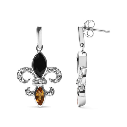 Style Loft Collection Fleur De Lis .925 Sterling Silver Marquise Cut Onyx and Citrine with Diamond Accent Drop Stud Earrings (H-I Color, SI1-SI2 Clarity)