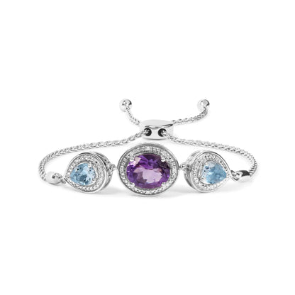 Style Loft Collection Oval Amethyst and Pear Blue Topaz .925 Sterling Silver with Diamond Accent Lariat 4”-10” Adjustable Bolo Bracelet (H-I Color, SI1-SI2 Clarity)