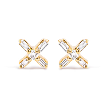 Style Loft Collection 10K Yellow Gold 1/10 Ctw Round and Baguette Diamond Criss Cross X Stud Earring (H-I Color, I1-I2 Clarity)