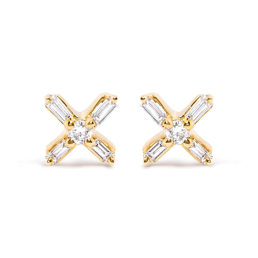 Style Loft Collection 10K Yellow Gold 1/10 Ctw Round and Baguette Diamond Criss Cross X Stud Earring (H-I Color, I1-I2 Clarity)
