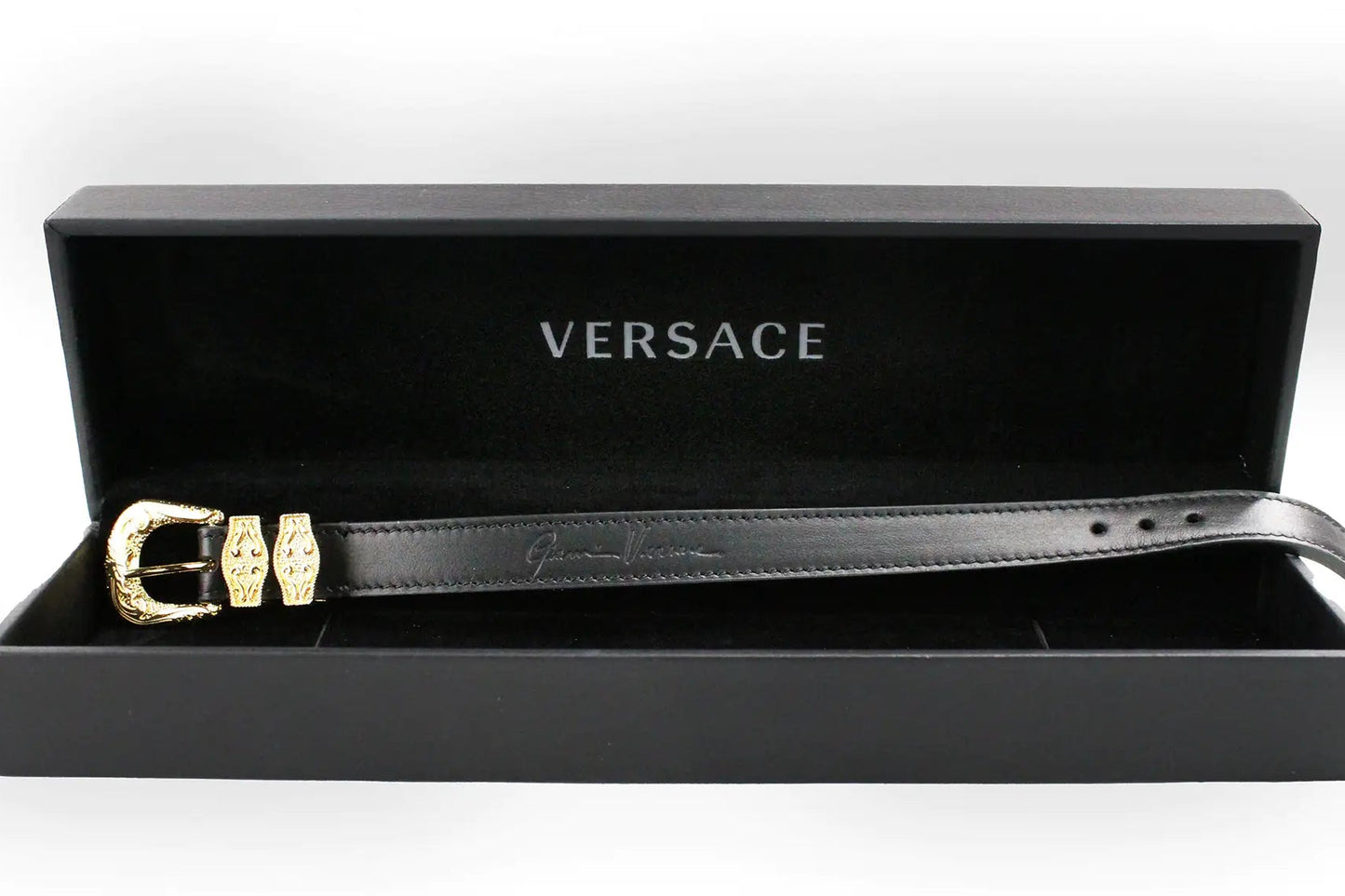 Style Loft Collection x Versace Medusa Western Black Leather Gold Brass Buckle Bracelet