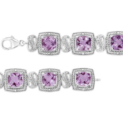 (.08) Style Loft Collection .925 Sterling Silver 7x7 mm Cushion Cut Purple Amethyst and 1/10 ctw Round Cut Diamond Square Shape Tennis Bracelet (I-J Color, I1-I2 Clarity) - 7"