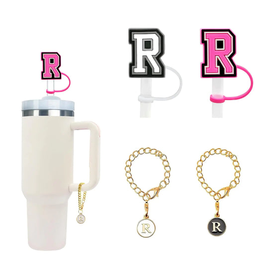 Style Loft Collection 2PCS Straw Cover Cap for Stanley Cup 30&40 Oz 10mm Straw Toppers with 2PCS Initial Personalized Letter Charms Stanley Cup Accessories for Stanley Tumbler (Letter R)