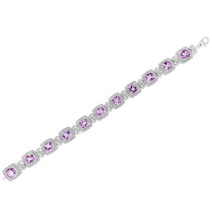(.08) Style Loft Collection .925 Sterling Silver 7x7 mm Cushion Cut Purple Amethyst and 1/10 ctw Round Cut Diamond Square Shape Tennis Bracelet (I-J Color, I1-I2 Clarity) - 7"