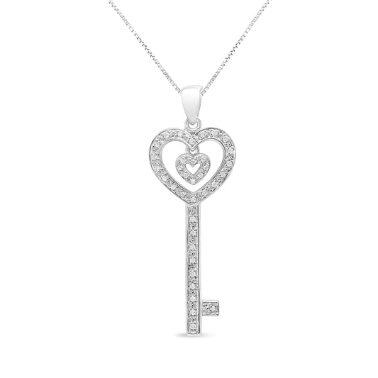 Style Loft Collection Double Heart & Key .925 Sterling Silver 1/5 Ctw Round-Cut Diamond 18" Pendant Necklace (I-J Color, I3 Clarity)
