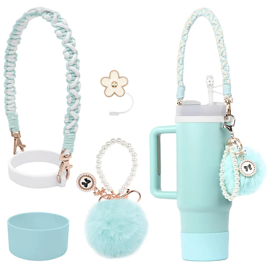 Style Loft Collection Stanley Cup Accessories Set Pom Pom Pearl Chain Braided Design Water Bottle Handle Strap Silicone Stanley Cup Boot Stanley Charms for Stanley Cup 30/40oz Tumble (Green)
