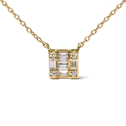Style Loft Collection 10K Yellow Gold 1/10 Ctw Round and Baguette Diamond Mosaic Composite Square 18" Inch Pendant Necklace (H-I Color, I1-I2 Clarity)