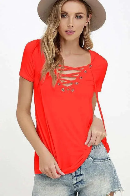Style Loft Collection Afternoon Safari V-Neck Solid Color Tie T-Shirt