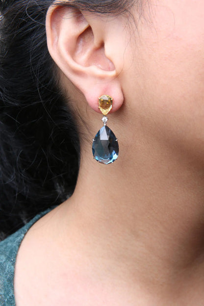 Style Loft Collection 18K White and Yellow Gold 1/5 Ctw Diamond with Pear Cut Lemon Quartz and Pear Cut London Blue Topaz Gemstone Dangle Earring (G-H Color, SI1-SI2 Clarity)