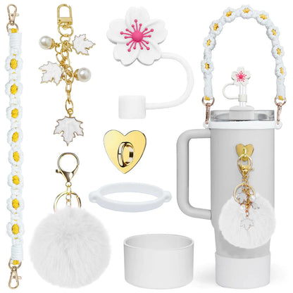 Style Loft Collection Stanley Cup Accessories Set-Woven Water Bottle Handle Strap Siliocne Stanley Cup Boot Stanley Charms for Stanley Cup 40oz Tumbler，Straw Cover Cap(White)