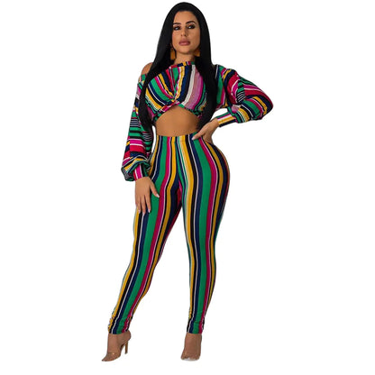 Style Loft Collection Bahama Bombshell Striped Long Crop Top and Leggings Two-Piece Set