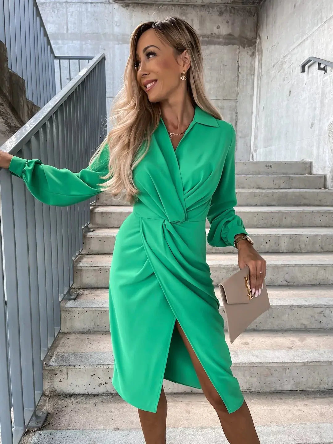 Style Loft Collection Lady In The Streets But A... Long Sleeve V-Neck Slit Hem Dress