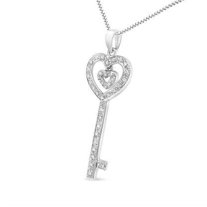 Style Loft Collection Double Heart & Key .925 Sterling Silver 1/5 Ctw Round-Cut Diamond 18" Pendant Necklace (I-J Color, I3 Clarity)