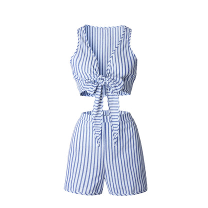 Style Loft Collection Yacht Life Sleeveless Striped Bow-Tied Crop Top & Shorts Set