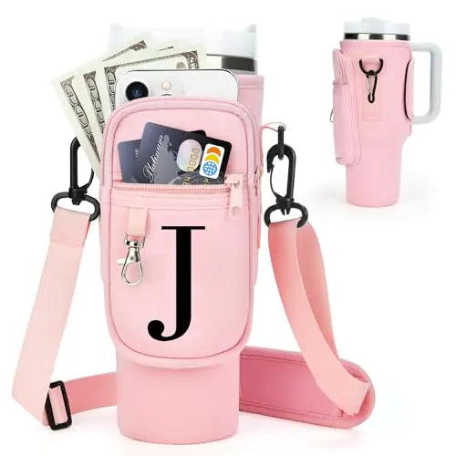 Style Loft Collection Stanley Cup Accessories Water Bottle Carrier Bag for Stanley Tumbler with Strap 40 oz Personalized Initials for Stanley Cup Holder Gifts for Mothers Day/Stanley Fans-Pink-J
