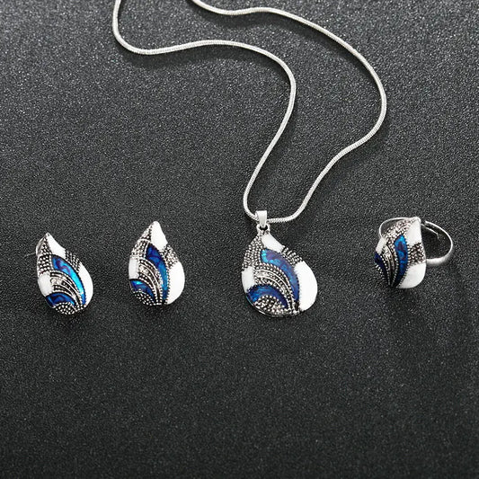 Style Loft Collection Peacock Tail Sapphire Necklace, Ring, and Earring Set
