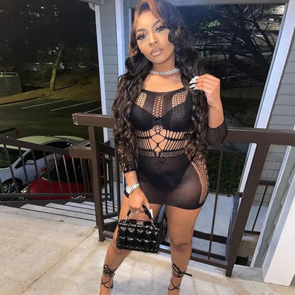 Style Loft Collection Way Too Much For You To Handle Slim Fit Long Sleeve Fishnet Dress