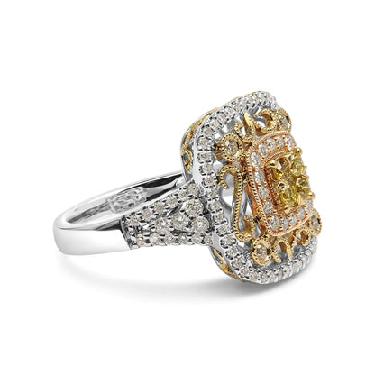 Style Loft Collection Halo and Milgrain Cocktail Cluster 14K Tri-Toned Gold 1.00 Cttw Yellow Diamond Ring (Yellow/G-H Color, SI1-SI2 Clarity) - Ring Size 7