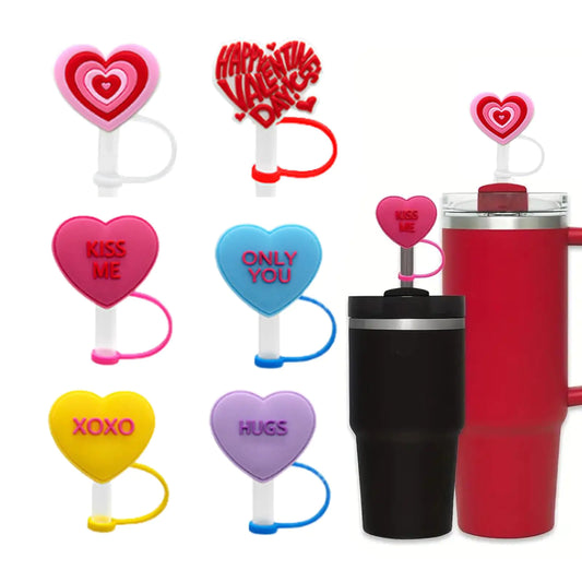 Style Loft Collection 6pcs Straw Covers Cap for Stanley Cup Pink Red Purple Heart Silicone Stanley Straw Topper Colorful Heart Designs 10mm Stanley Cup Straw Cover Valentines Day Drinking Straw Topper Accessories