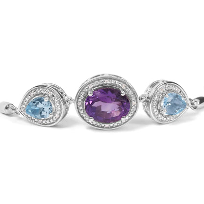 Style Loft Collection Oval Amethyst and Pear Blue Topaz .925 Sterling Silver with Diamond Accent Lariat 4”-10” Adjustable Bolo Bracelet (H-I Color, SI1-SI2 Clarity)