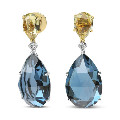 Style Loft Collection 18K White and Yellow Gold 1/5 Ctw Diamond with Pear Cut Lemon Quartz and Pear Cut London Blue Topaz Gemstone Dangle Earring (G-H Color, SI1-SI2 Clarity)
