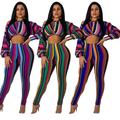 Style Loft Collection Bahama Bombshell Striped Long Crop Top and Leggings Two-Piece Set