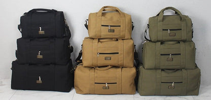 Set of stacked bags in green, brown, and black on a light gray background
