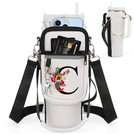 Style Loft Collection Initial Water Bottle Holder with Strap for Stanley 40 oz TumblerWater Bottle Carrier Bag with Phone Pocket for Stanley CupNeoprene Stanley Cup Accessories Holder with Adjustable Strap (C White)