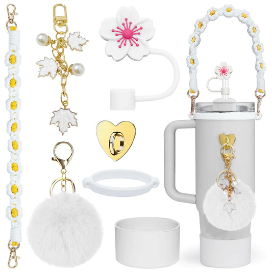 Style Loft Collection Stanley Cup Accessories Set-Woven Water Bottle Handle Strap Siliocne Stanley Cup Boot Stanley Charms for Stanley Cup 40oz Tumbler，Straw Cover Cap(White)