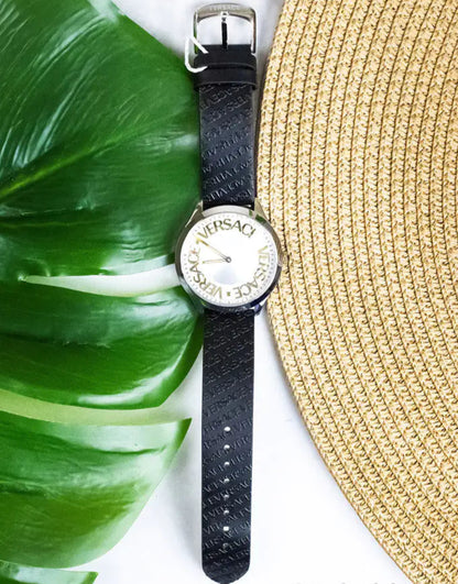 Style Loft Collection x Versace 38mm Silver Logo Halo Dial Embossed Leather Watch