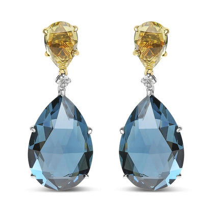 Style Loft Collection 18K White and Yellow Gold 1/5 Ctw Diamond with Pear Cut Lemon Quartz and Pear Cut London Blue Topaz Gemstone Dangle Earring (G-H Color, SI1-SI2 Clarity)