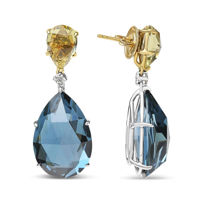 Style Loft Collection 18K White and Yellow Gold 1/5 Ctw Diamond with Pear Cut Lemon Quartz and Pear Cut London Blue Topaz Gemstone Dangle Earring (G-H Color, SI1-SI2 Clarity)