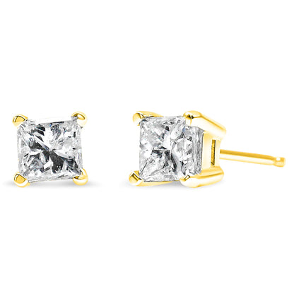 Style Loft Collection Princess-Cut Square Near Colorless Diamond 10K Yellow Gold 3/4 Ctw Classic 4-Prong Solitaire Stud Earrings (J-K Color, I2-I3 Clarity)