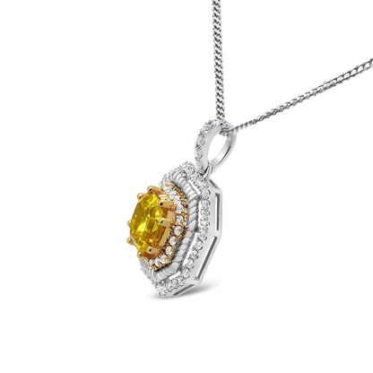 (.07) Style Loft Collection 18K White and Yellow Gold 2 1/4 Ctw Lab Grown Yellow Asscher Cut Diamond Art Deco Style Halo 18" Pendant Necklace (Yellow/G-H Color, VS1-VS2 Clarity)